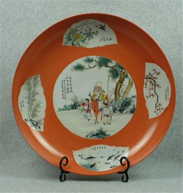 Chinese Polychrome Enamel Decorated Dragon Ch: Chinese polychrome enamel decorated dragon charger, the interior well painted in brightly colored enamels with circular reserve of Shoulao with a deer and two companions in a landscape with a colophon