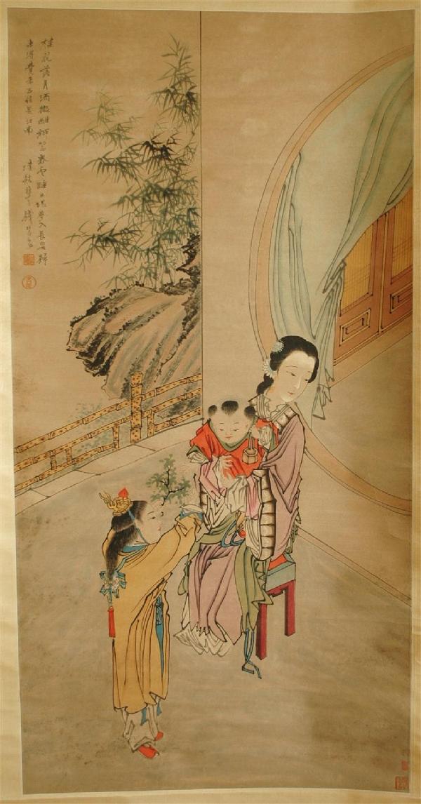 Chinese Scroll Painting: Chinese scroll painting, ink and color on paper, 20th century, delicately depicting a young boy playing with an animated infant jumping on the lap of an elegant beauty, the upper left with a pair of s