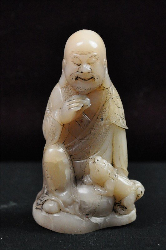 Chinese Soapstone Figural Carving: Chinese soapstone figural carving, decorated as louhan figure. Early 20th century. About 3.6"high.