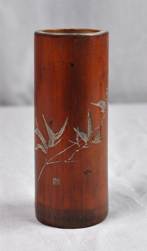 Chinese Bamboo Pen Holder: Chinese bamboo pen holder, decorated with floral. 4.75"h.