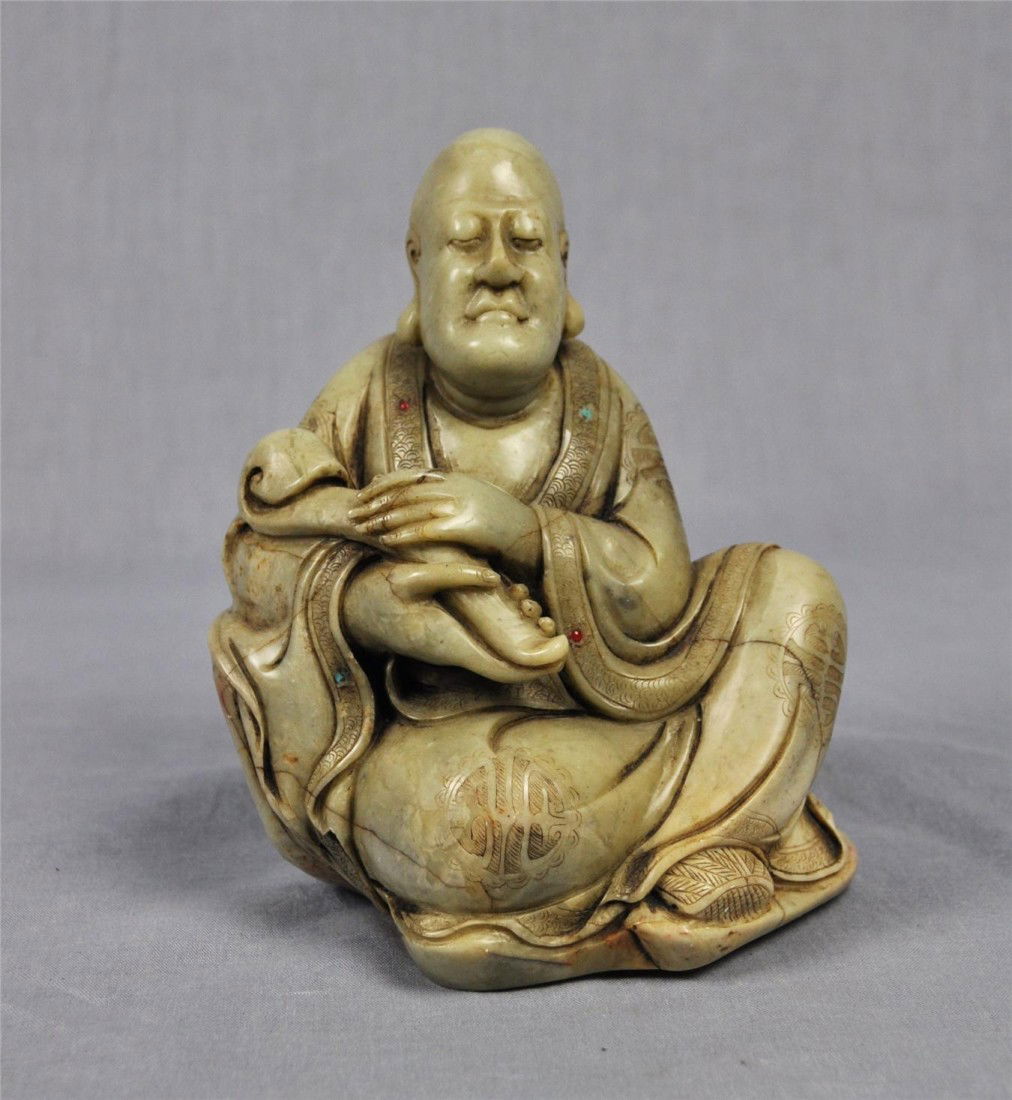 Carved Chinese White Shou-Shan Stone Louhan: Nice carved Chinese white shou-shan stone louhan figure. 5.6" height.