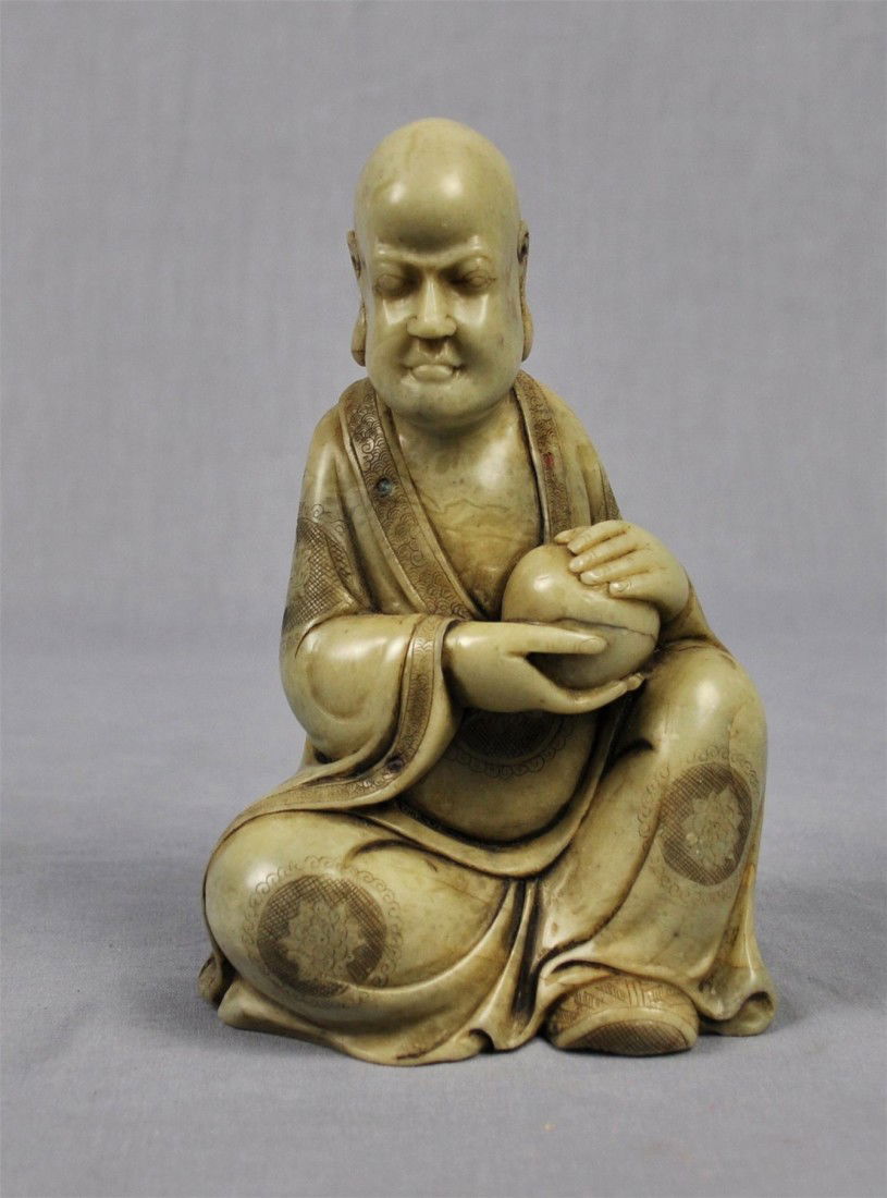Carved Chinese White Shou-Shan Stone Louhan: Nice carved Chinese white shou-shan stone louhan figure. 6.0" height.