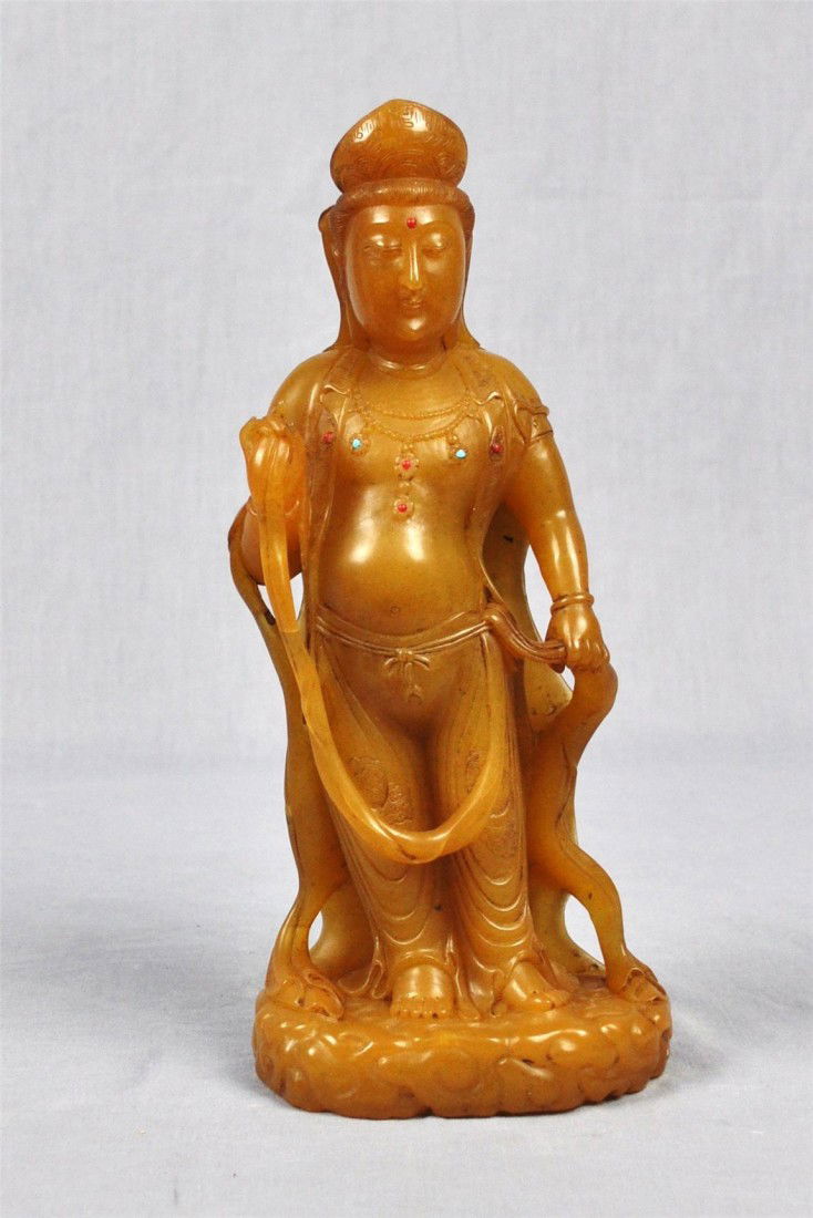Chinese Yellow Shou-Shan Stone Buddha Figure: Nice carved Chinese yellow shou-shan stone buddha figure. 9.75" height.