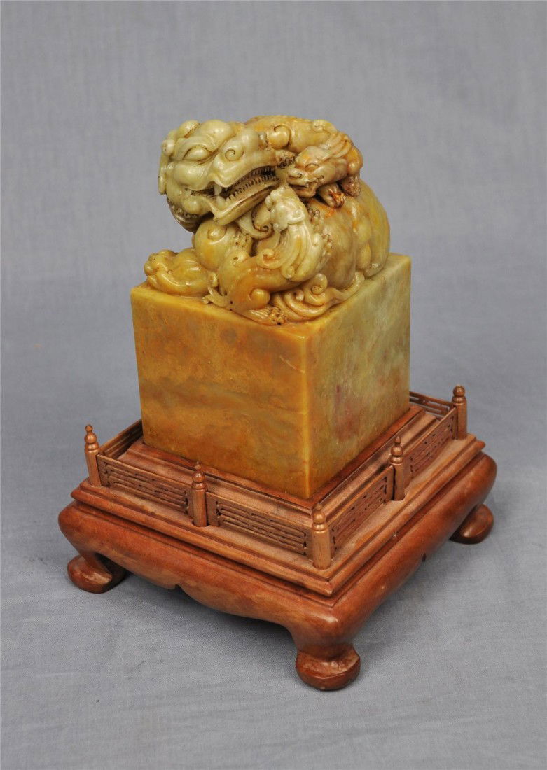 Large Carved Chinese Shou-Shan Stone Seal: Large carved Chinese shou-shan stone seal, decorated with lions on the top. 5.25" height x 3" x 3".