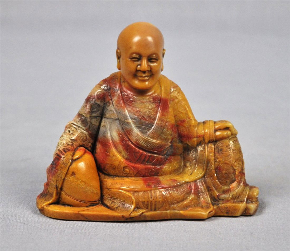 Nice Carved Chinese Shou-Shan Louhan Figure: Nice carved Chinese shou-shan stone louhan figure. 4" wide x 3.4" height.