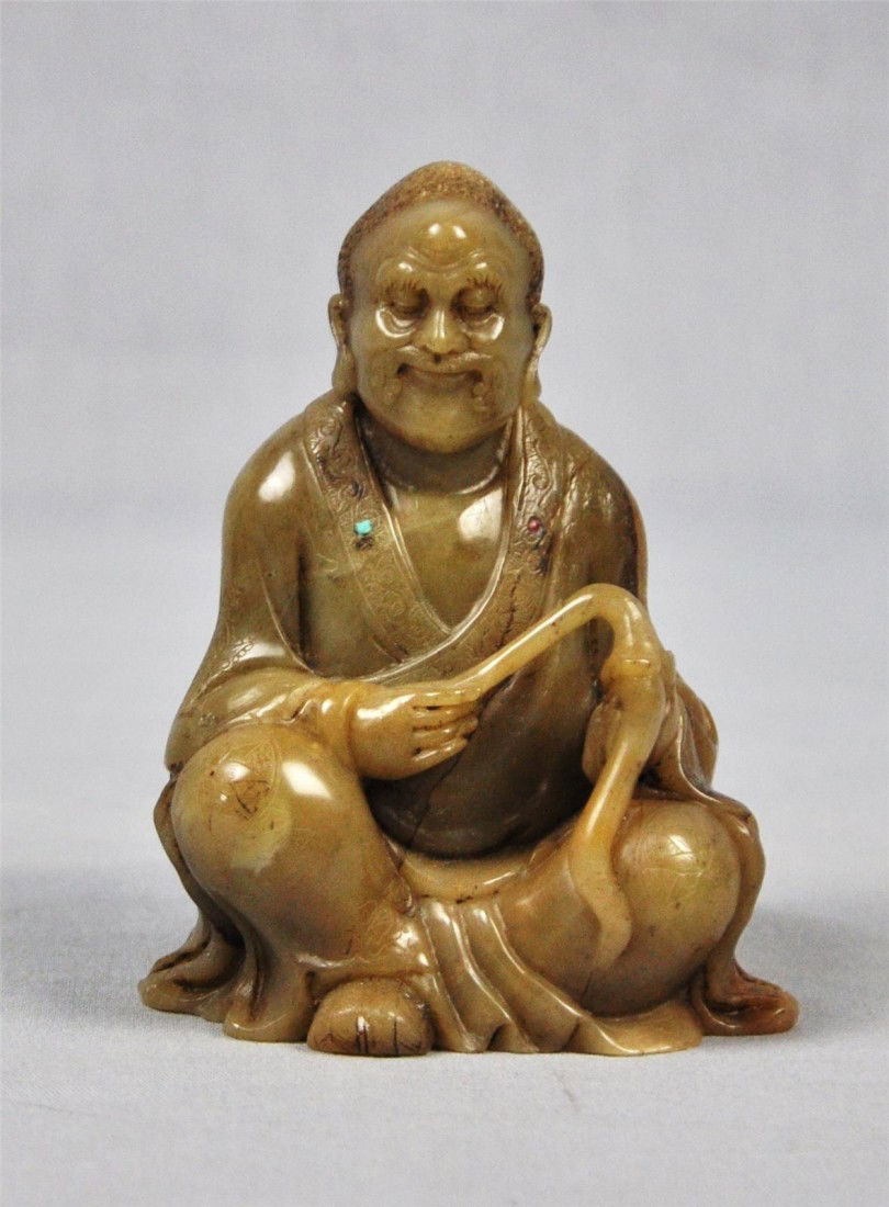 Nice Carved Chinese Shou-Shan Louhan Figure: Nice carved Chinese shou-shan stone louhan figure. 3.6" height.