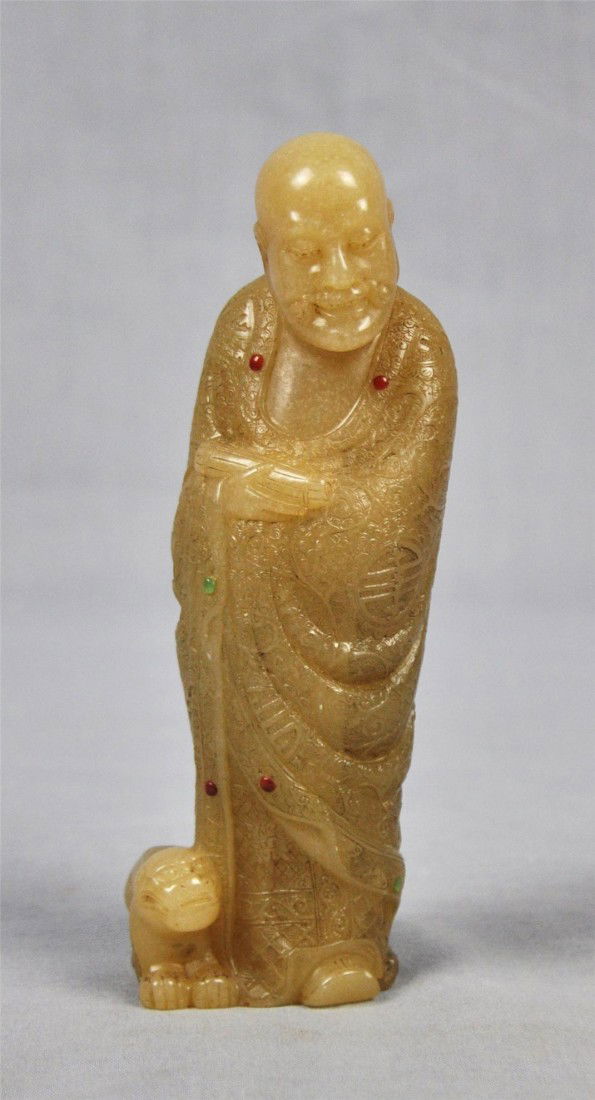 Nice Carved Chinese Shou-Shan Louhan Figure: Nice carved Chinese shou-shan stone louhan figure. 5.25" height.
