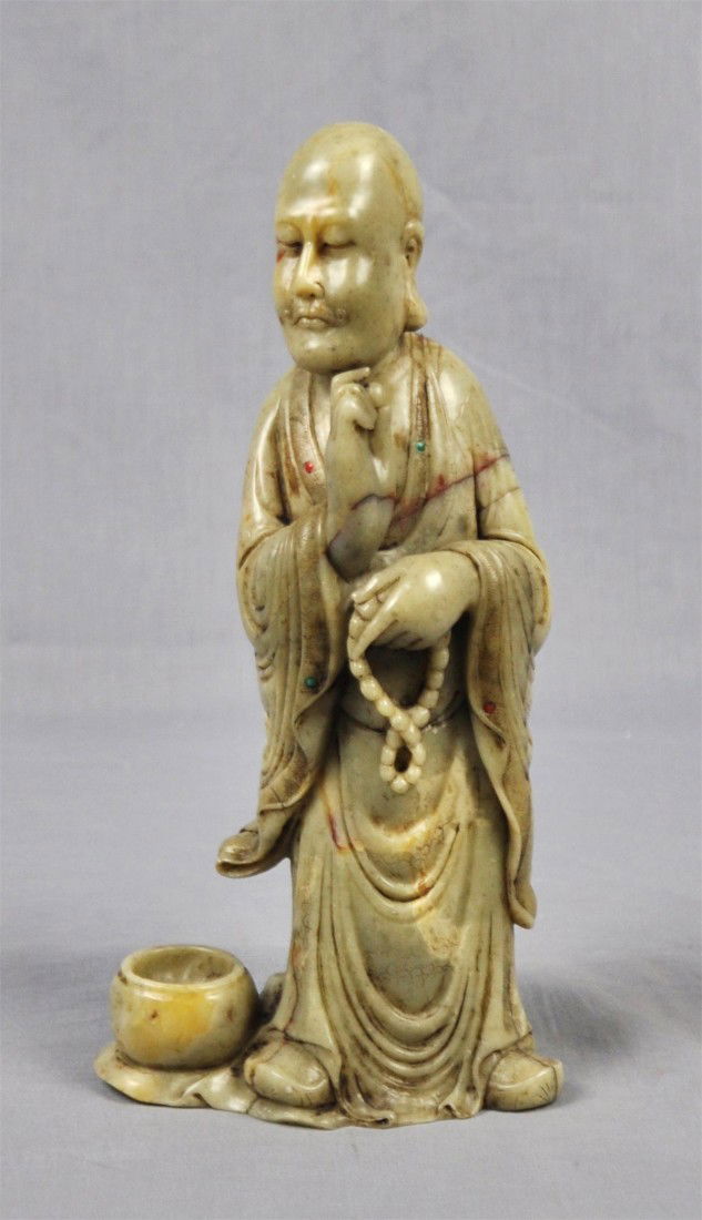 Nice Carved Chinese Shou-Shan Louhan Figure: Nice carved Chinese shou-shan stone louhan figure. 8.75" height.