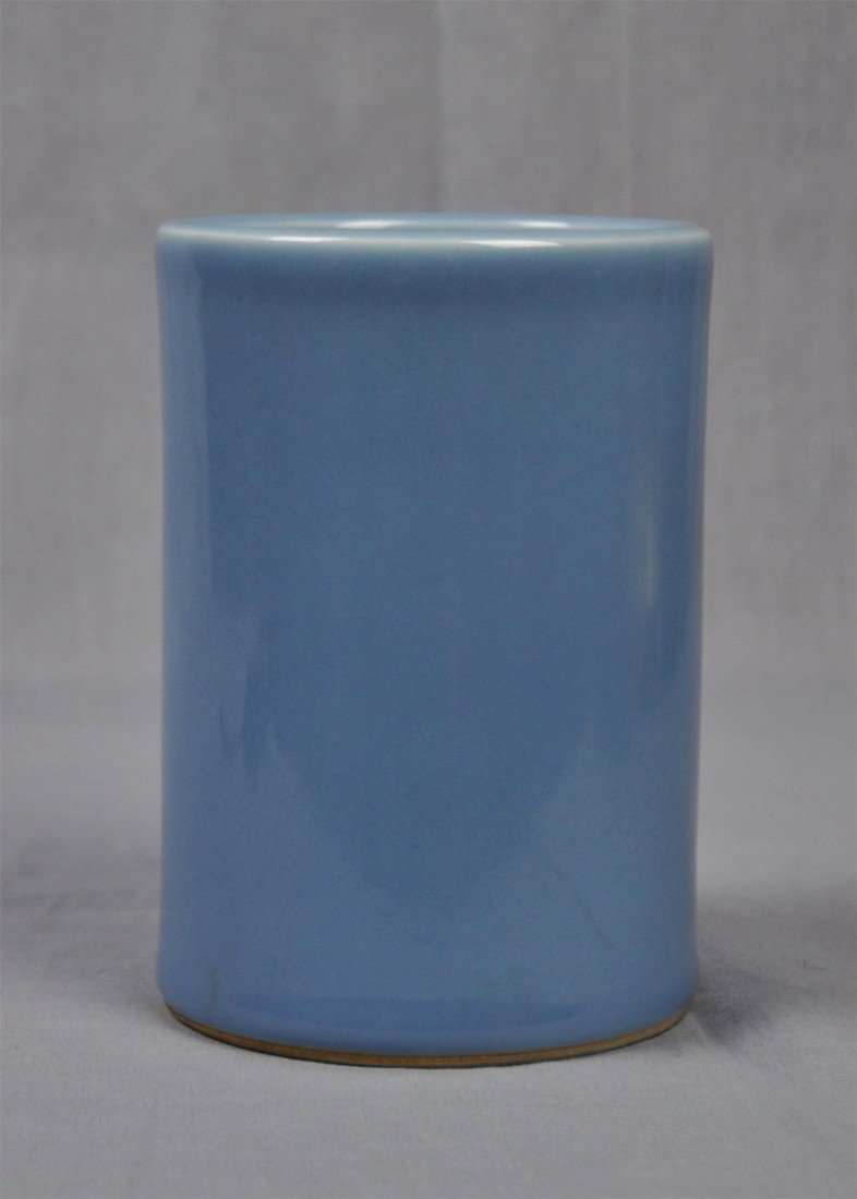 Chinese Monochrome Blue Porcelain Pen Holder: Chinese monochrome light blue porcelain pen holder. 5.4" height.
