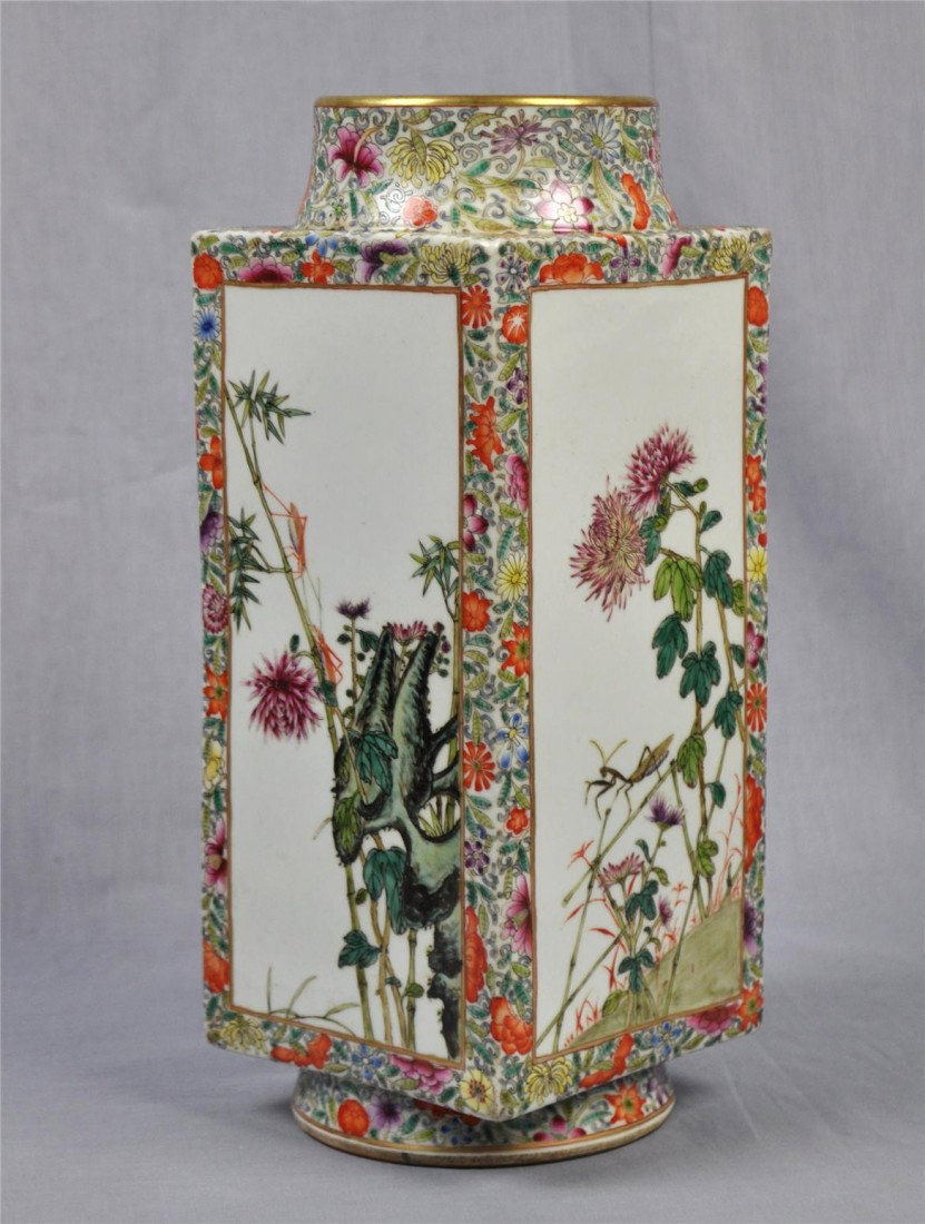 Chinese Famille Rose Porcelain Square Vase: Chinese famille rose porcelain square vase, decorated with floral. 13" height.