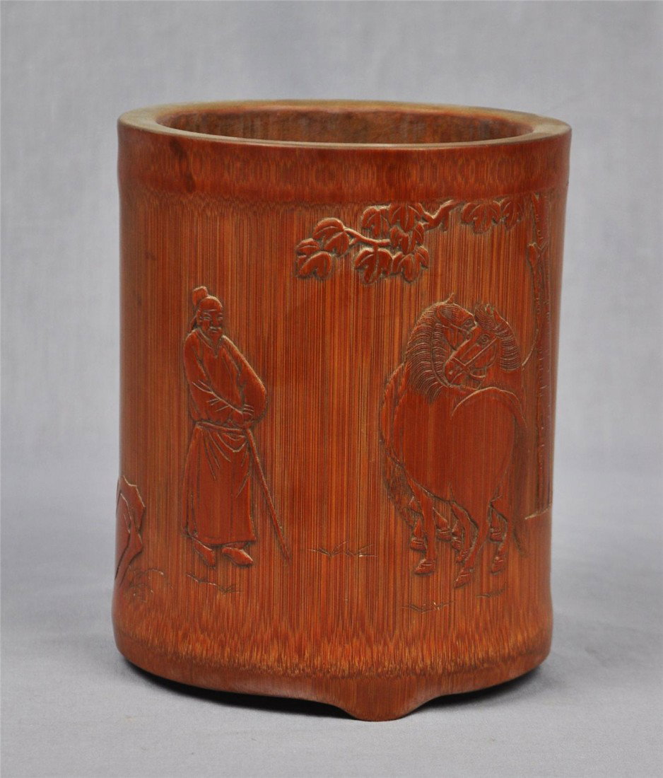 Chinese Bamboo Pen Holder: Chinese bamboo pen holder,decorated with scholar and horses.6.4" height x 5" diam.