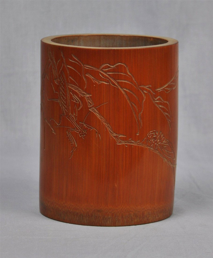 Chinese Bamboo Pen Holder: Chinese bamboo pen holder,decorated with mantis stalks the cicada. 6" height x 4.5" diam.