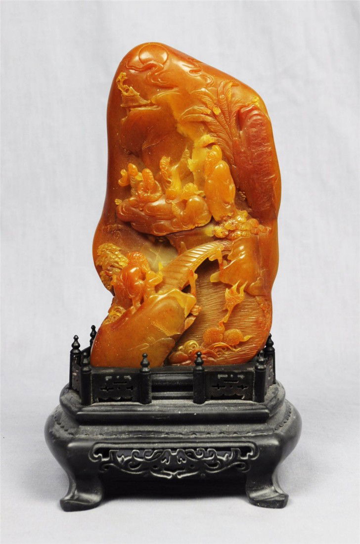 Well Carved Chinese Shou-Shan Stone Boulder: Well carve Chinese shou-shan stone boulder, decorated with figures and landscape view. 9" height with wood stand.