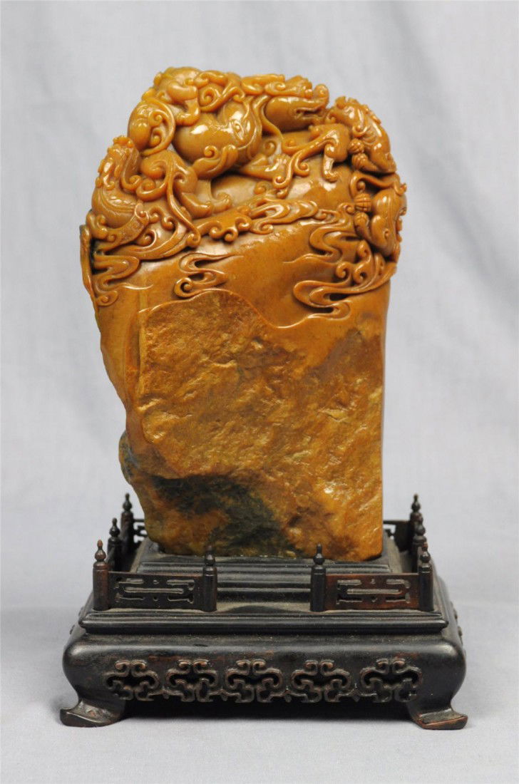 Well Carved Chinese Shou-Shan Stone Boulder: Well carve Chinese shou-shan stone boulder, decorated with dragons. 8.75" height with wood stand.