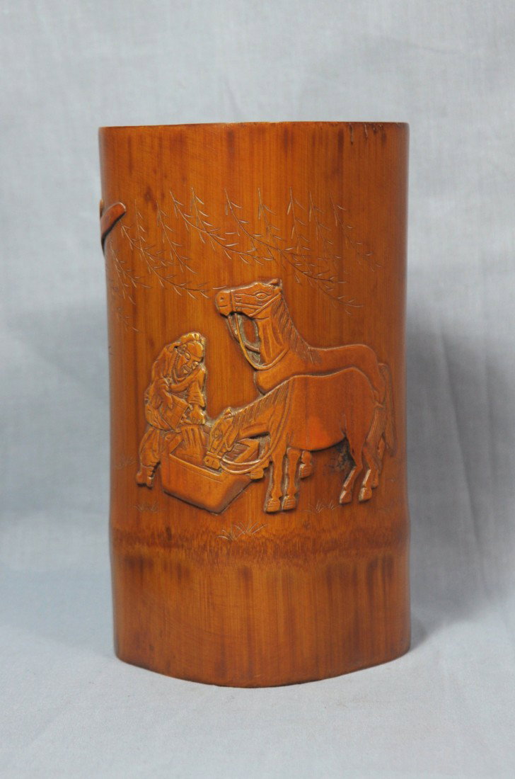 Chinese Bamboo Pen Holder: Nice carved Chinese bamboo pen holder, very unique shape. Decoraed with a guy feeding the horses under the willow tree. 6.35" height x 3.15" x 3.25".