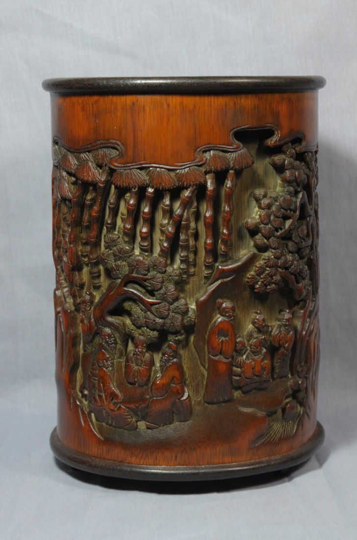 Well Carved Bamboo Brush Holder: Well carved bamboo brush holder, decorated with landscape view with figural. Early 20th century. 8.25" height x 6.4" wide.
