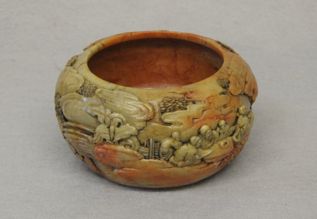 Nice Carved Chinese Shou-Shan Stone Brush W: Nice hand carved Chinese shou-shan stone brush washer, decorated with mountain view and figural. 4.9" wide x 2.5" height.