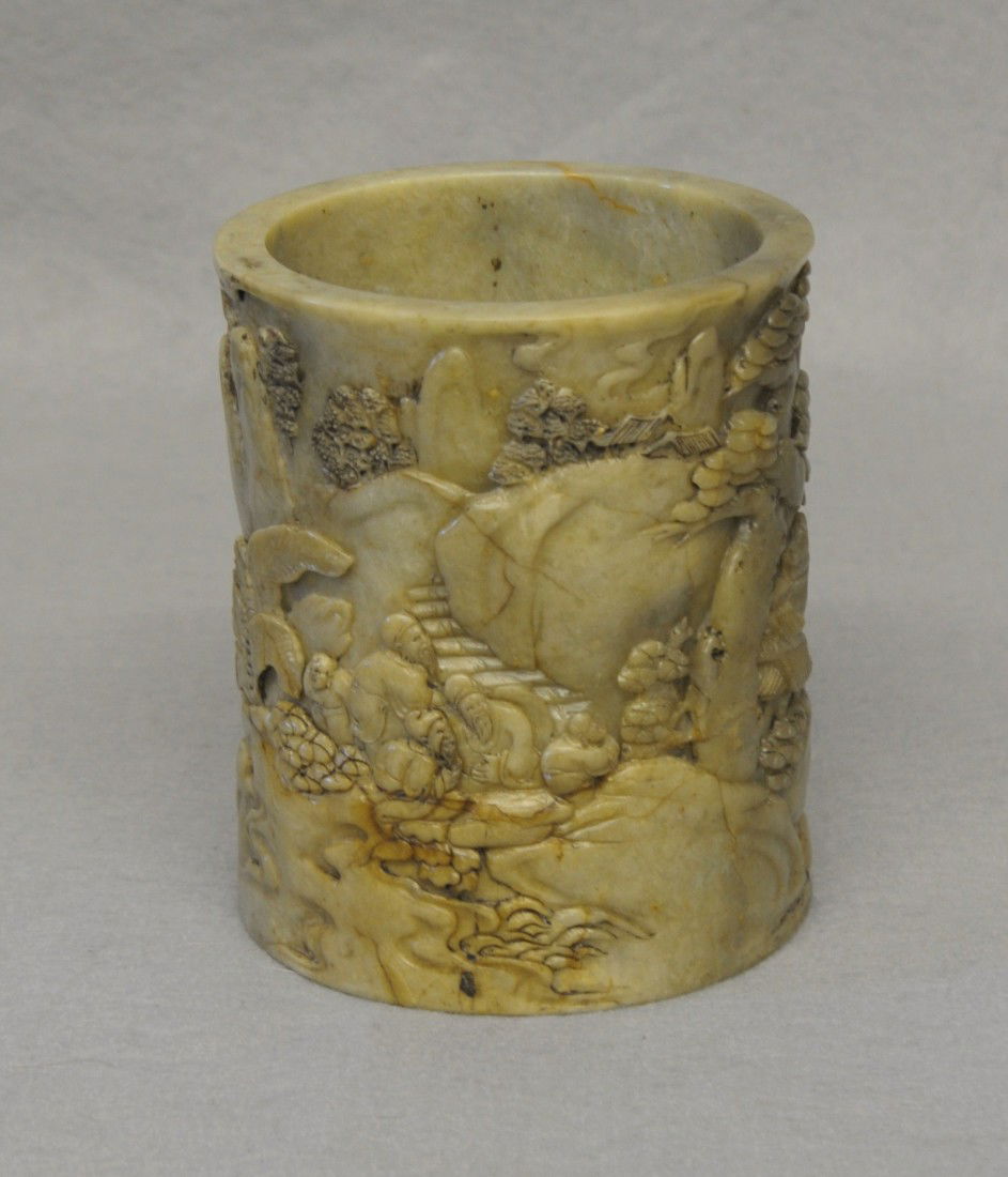 Well Carved Chinese Shou-Shan Stone Pen Hol: Well hand carved Chinese shou-shan stone pen holder, decorated with mountain view and figural. 5" height x 4" diam.