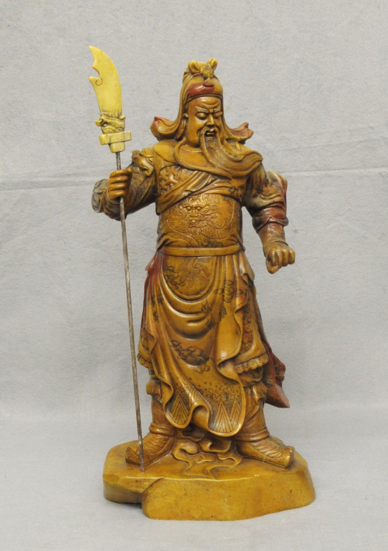 Well Carved Chinese Shou-Shan Stone Statue: Well carved Chinese shou-shan stone statue of Kwan-Yu. 17" height.