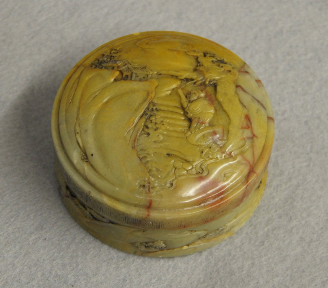 Nice Carved Chinese Shou-Shan Stone Ink Box: Nice carved Chinese shou-shan stone round ink box, decorated with landscape and schalor. 3" diam x 1.5" height.