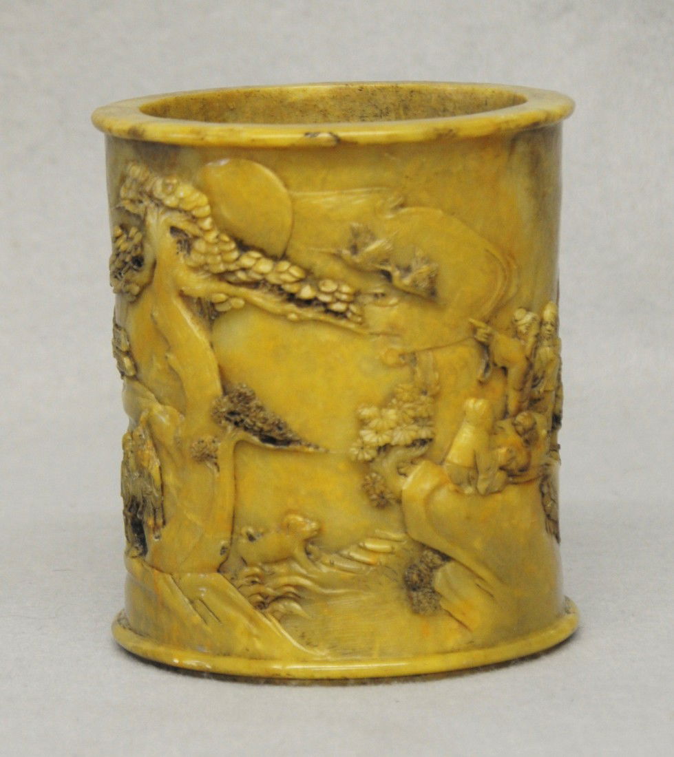 Nice Carved Chinese Shou-Shan Stone Brush H: Nice carved Chinese shou-shan stone brush holder, decorated with mountain view and figures. 4.75" height x 4.25" diam.
