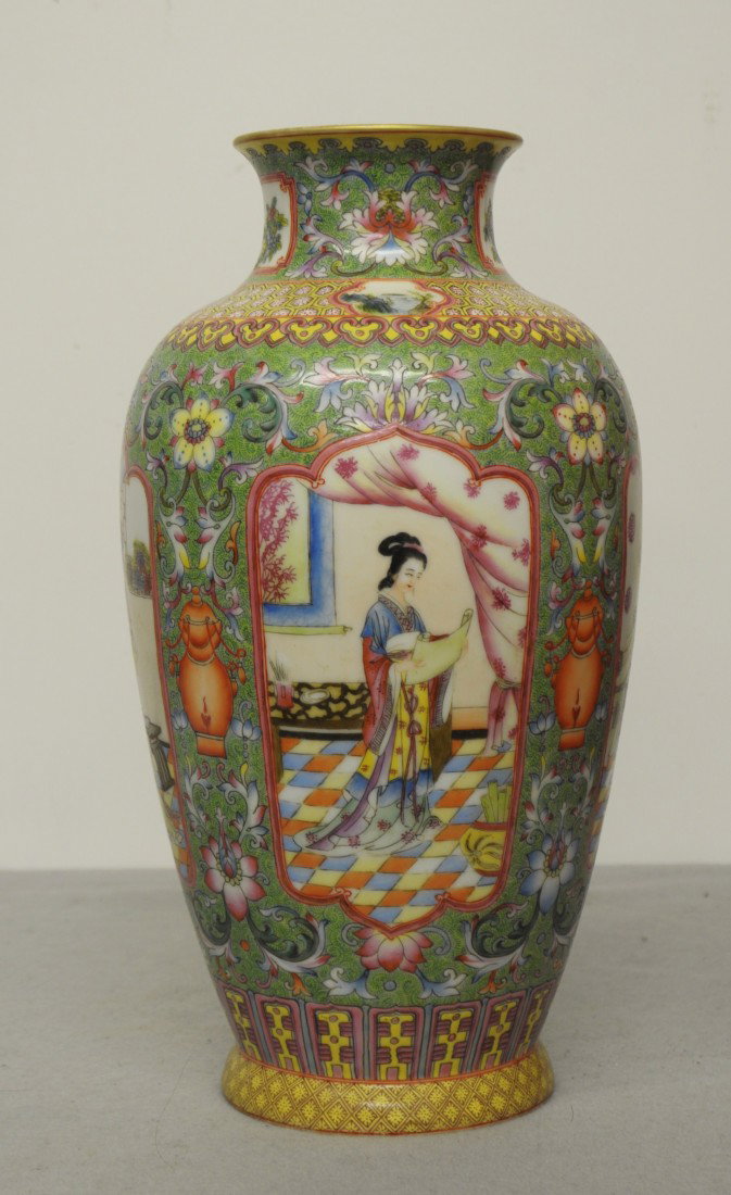 Chinese Famille Rose Porcelain Vase: Chinese famille rose porcelain vase, decorated four open window of beauty around by flowers. Six red character under glaze mark on the base. 12.75" height.