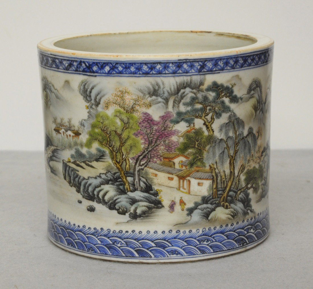 Chinese Famille Rose Porcelain Brush Washer: Chinese famille rose porcelain brush washer, decorated with landscape view and Chinese calligraphy. Six blue character under glaze mark on the base. 7.5" height x 6.25" diam.