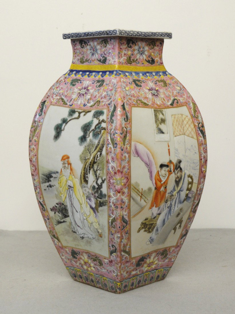 Chinese Famille Rose Porcelain Vase: Chinese famille rose porcelain vase, decorated with open window of figural. Four red character mark on the base. 15.25" height.