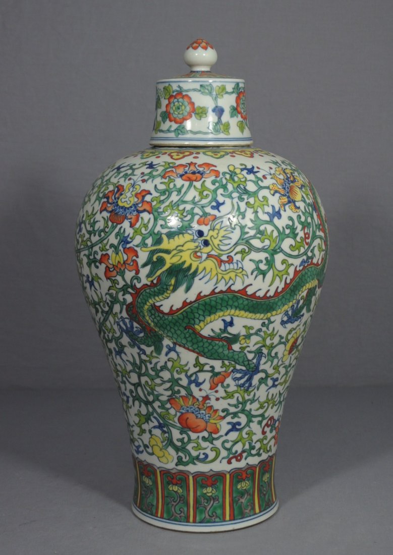 Chinese Dou-Cai Porcelain Mei-Ping: Chinese Dou-Cai porcelain Mei-Ping, decorated with dragon and phoenix. Six blue character under glaze mark on the base. Good condition. 16.5" height.