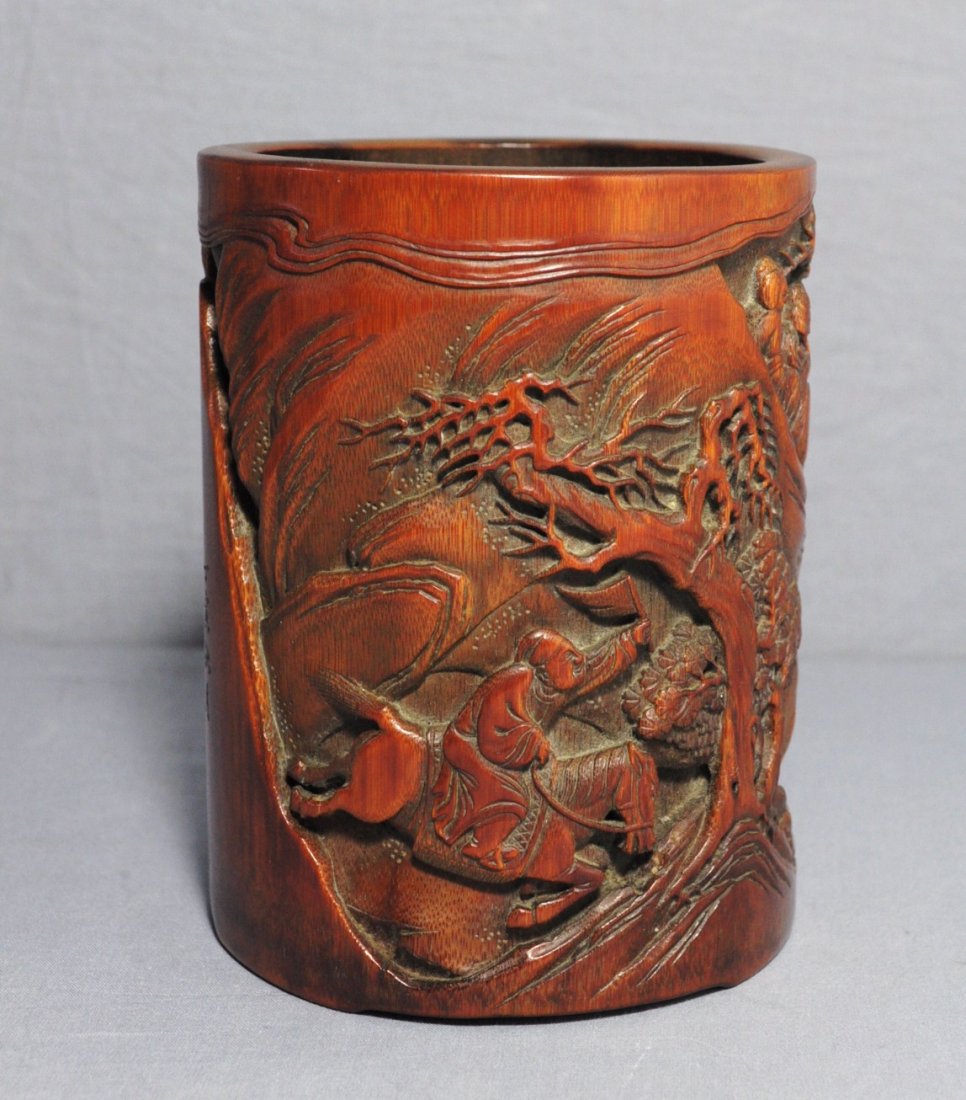Nice Carved Chinese Bamboo Pen Holder: Nice carved Chinese bamboo pen holder, decorated with mountain view and figures. Early 20th century. Good condition. 5.9" height x 4.6" diam.