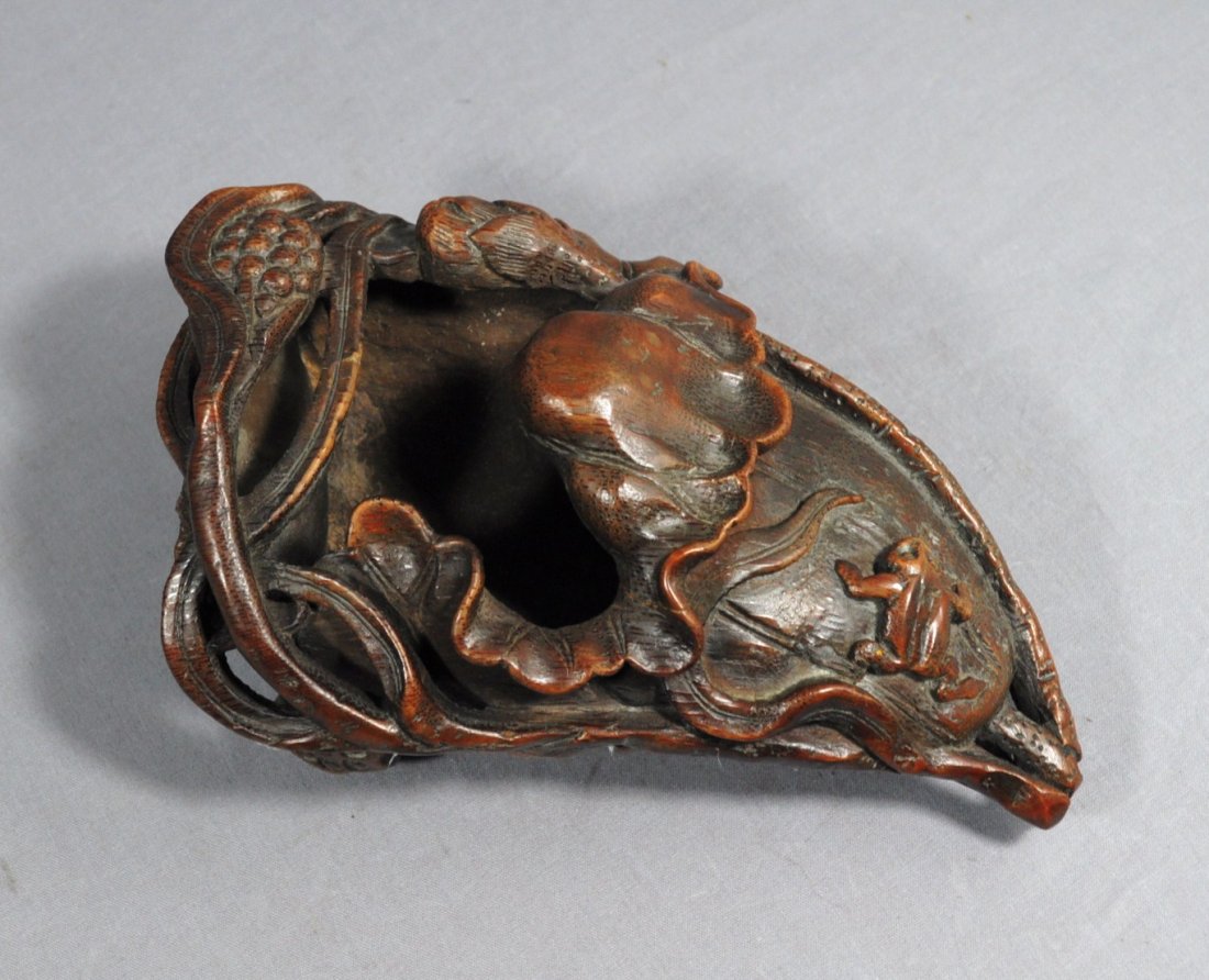 Well Carved Chinese Bamboo Brush Washer: Nice hand carved Chinese bamboo brush washer, decorated with lotus flowers. Early 20th century. Good condition.7.5" long.