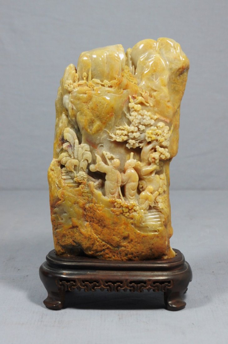 Nice Carved Chinese Shou-Shan Stone Boulder: Nice carved Chinese shou-shan stone boulder, decorated with figures and mountain view. Early 20th century. Good condition. 9" height.