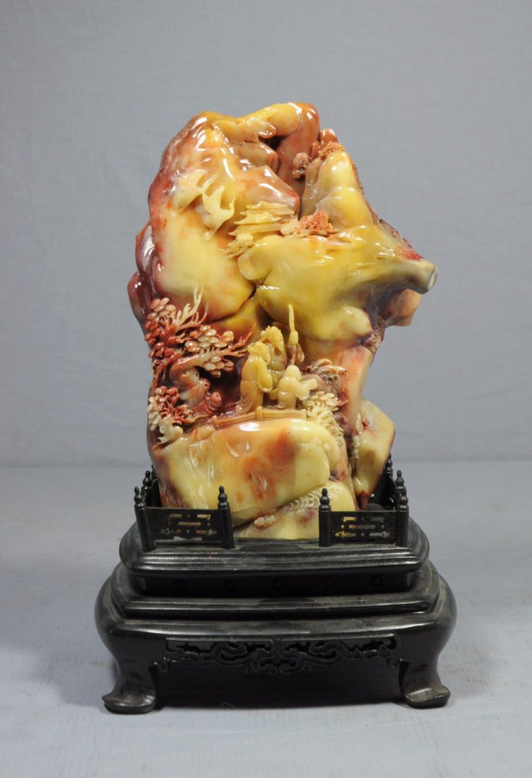 Nice Carved Chinese Shou-Shan Stone Boulder: Nice carved Chinese shou-shan stone boulder, decorated with figures and mountain view. Early 20th century. Good condition. 9" height.