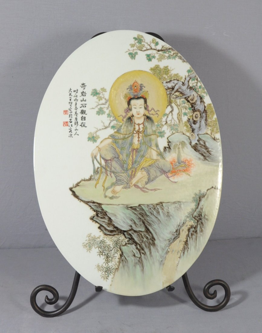 Large Chinese Oval Shape Porcelain Plaque: Large Chinese famille rose oval shape porcelain plaque, decorated with Kwan-Yin figure. Attributed to Wang Da Fan ( 1888-1961 ). Early 20th century. Good condition. 21.25" height x 15.25" wide.