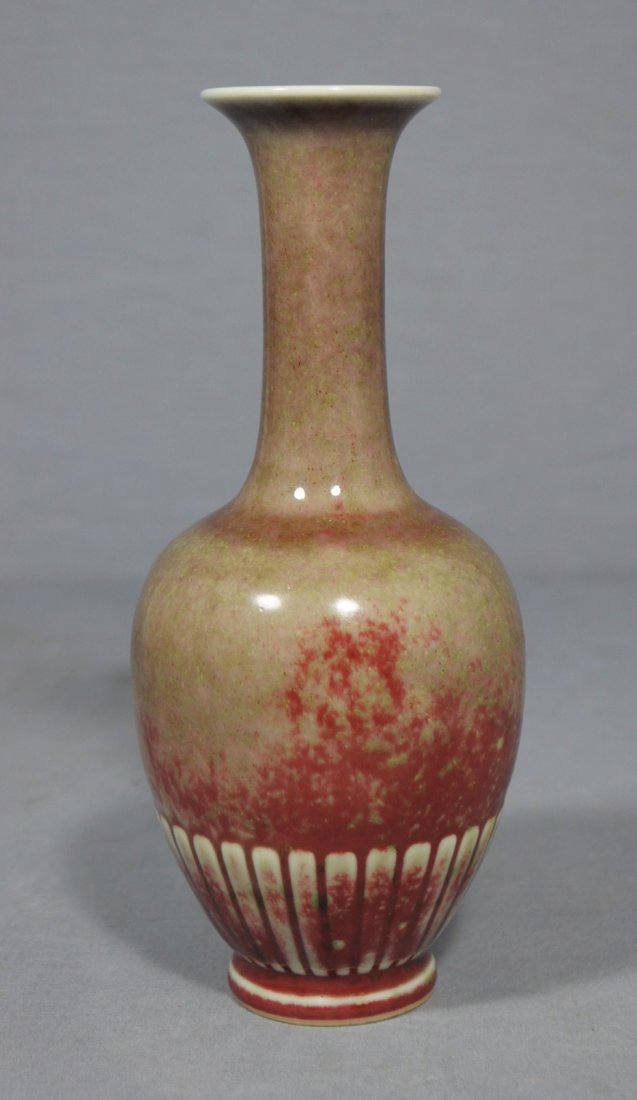 Chinese Peach Bloom Porcelain Bottle Vase: Chinese peach bloom porcelain long neck bottle vase. Six blue character under glaze mark on the base. Good condition. 8" height.