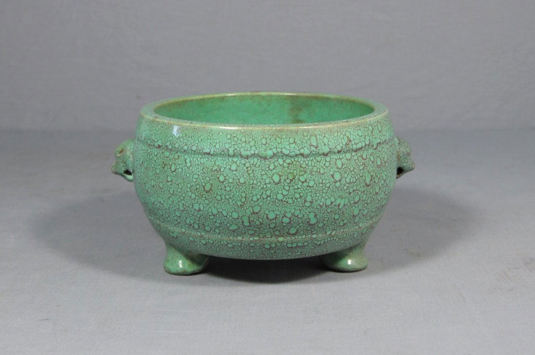 Chinese Lu-Jun Glaze Tripod Porcelain Censer: Chinese lu-jun glaze tripod porcelain censer. Six relief character mark on the base. Good condition. 7" diam x 4" height.