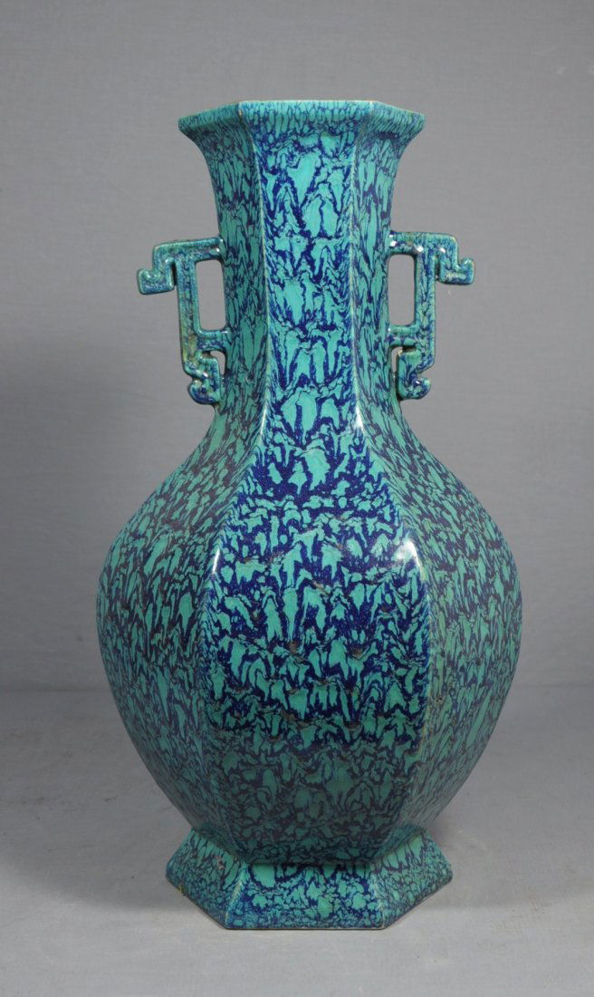 3084: Chinese LU-Jun Glaze Hexagonal Porcelain Vas: Chinese lu-jun glaze hexagonal porcelain vase. Six relief character mark on the base. Good condition. 17.25" height.