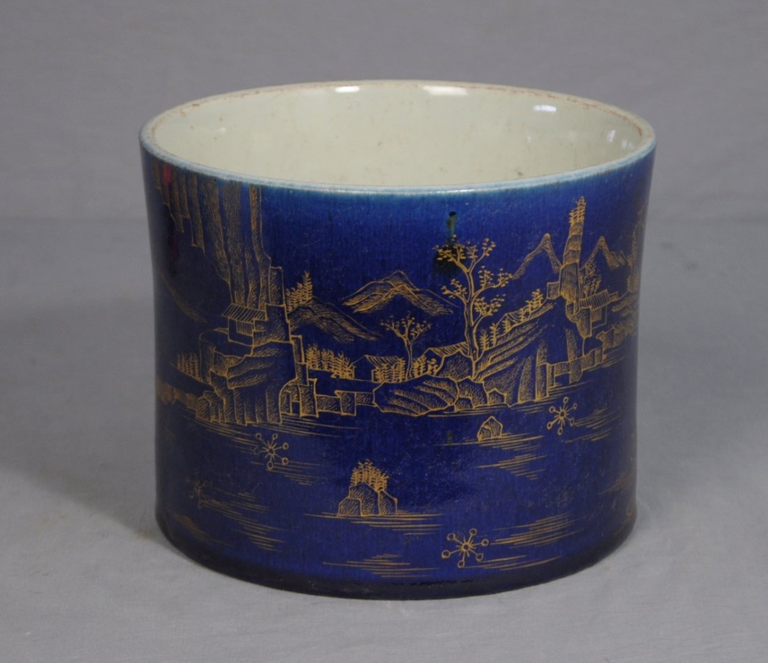 Chinese Blue Glaze Porcelain Brush Washer: Chinese blue glaze porcelain brush washer, decorated with gilt landscape view and figures. Early 20th century. Good condition. 7.5" diam x 5.75" height.