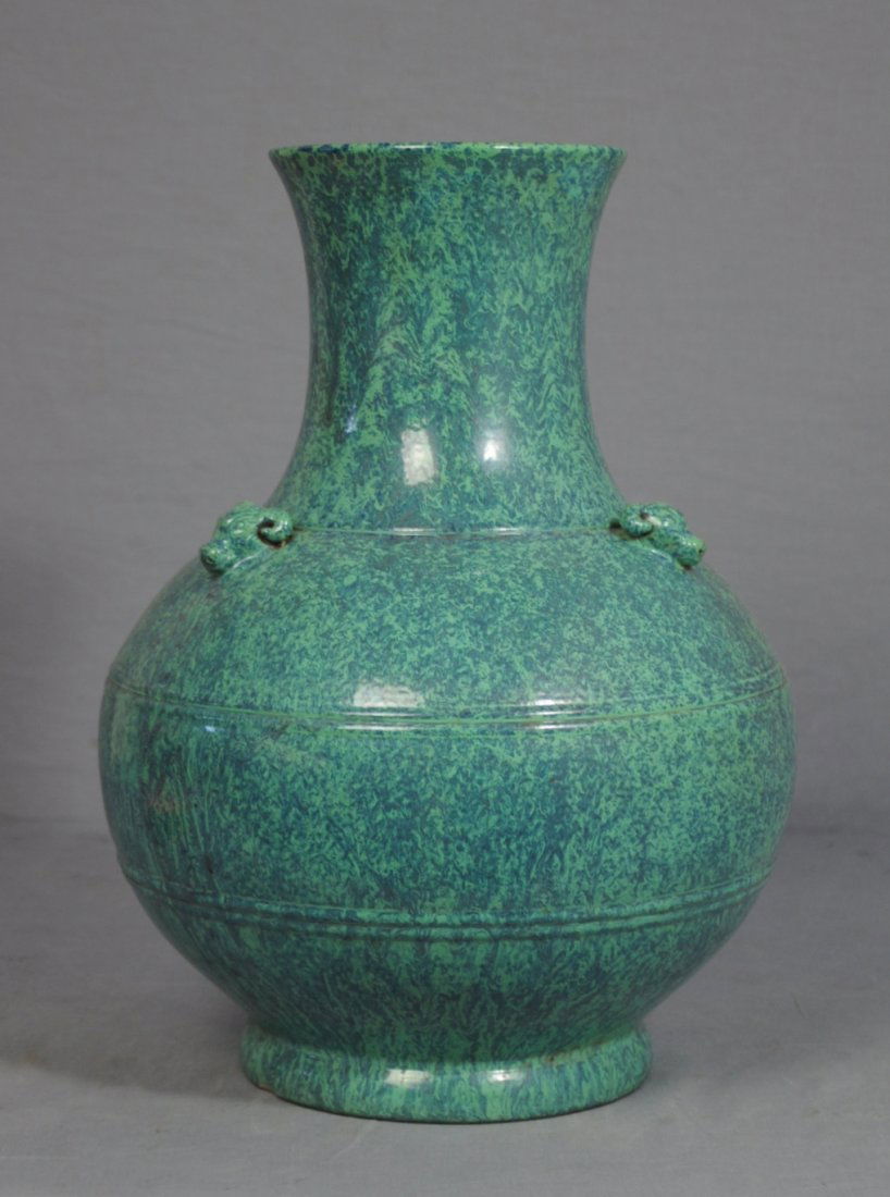 Chinese Lu-Jun Glaze Porcelain Ball Vase: Chinese lu-jun glaze porcelain ball vase, decorated with three deer heads as decoration. 19th century. Minor chip on the base. Overall in good condition. 13" height.