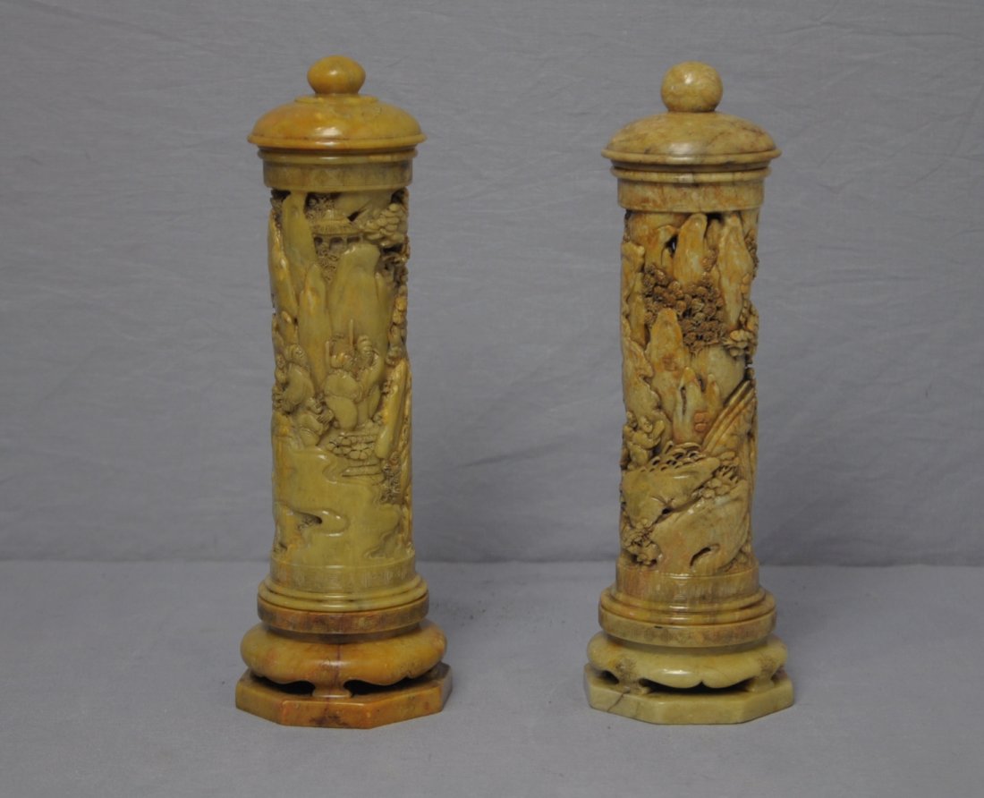 Pair of Chinese Shou-Shan Stone Incense Bur: Pair of well carved Chinese shou-shan stone incense burner, decorated with landscape and figures. Early 20th century. 9.5" height.