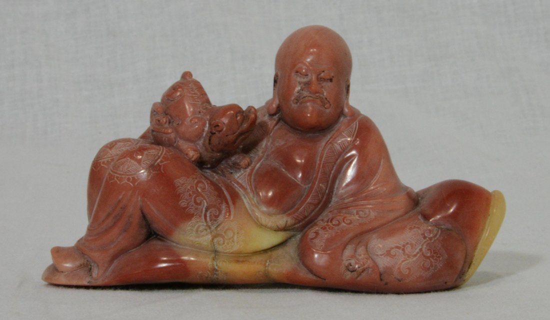Nice Hand Carved Chinese Shou-Shan Stone Figure: Nice hand carved Chinese shou-shan stone louhan figure. Early 20th century. Good condition. 3.6" wide x 2.1" height.