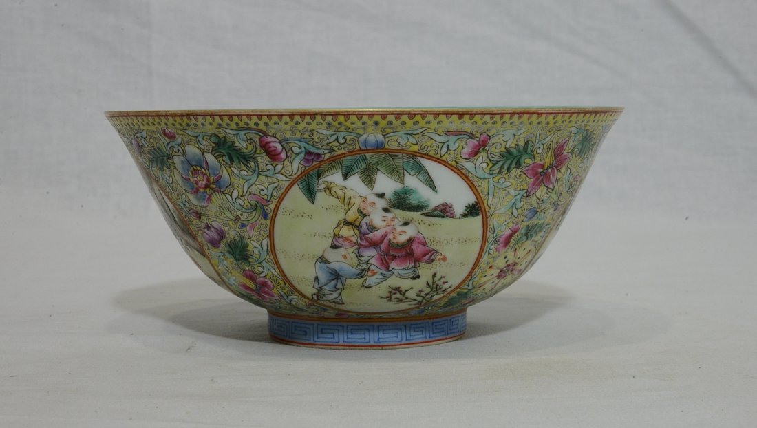 Chinese Famille Rose Porcelain Bowl With Mark: Chinese famille rose porcelain bowl, decorated with open window of the kids playing around by the flowers. Six red character mark on the base. Good condition. 6.5" diam x 2.9" height.