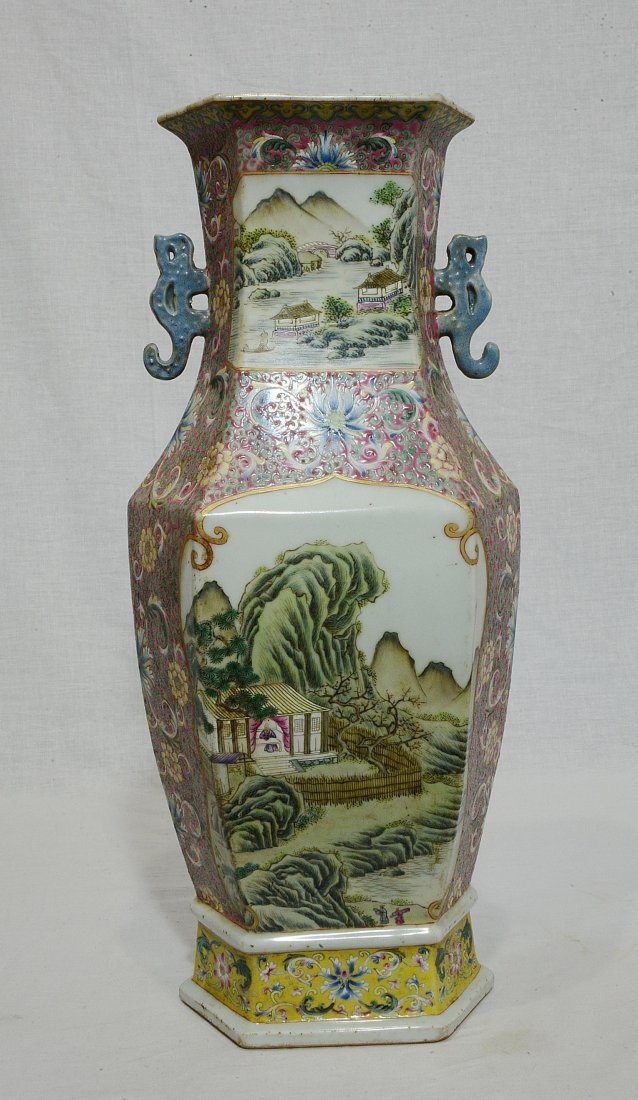 Large Chinese Famille Rose Porcelain Vase With: Large Chinese famille rose porcelain vase, decorated with open window of landscape and mountain view. Six red character mark on the base. Good condition. 18.5" height.