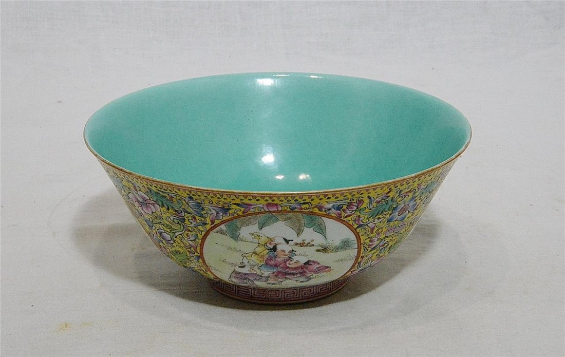Chinese Famille Rose Porcelain Bowl With Mark: Chinese famille rose porcelain bowl, decorated with four round window of kids and landscape view around the by flowers. Six red Chinese character mark on the base. Good condition. 6.5" diam x 2.75" he