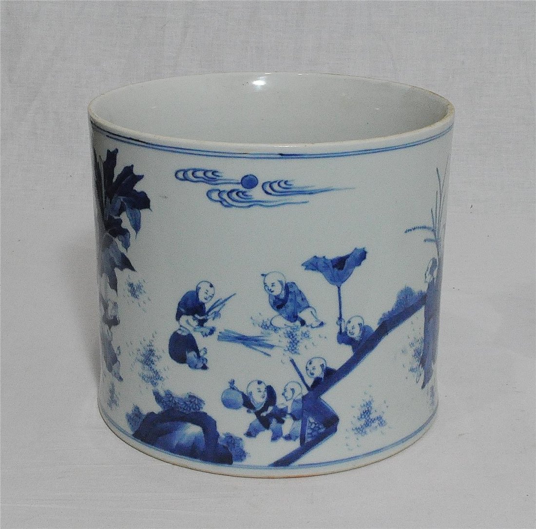 Chinese Blue and White Porcelain Brush Pot With Mark (1 of 9)