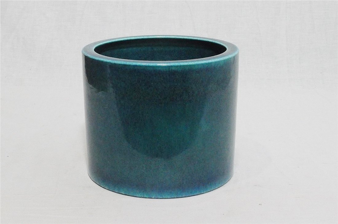 Chinese Lu-Jun Glaze Porcelain Brush Pot With Mark: Chinese Lu-Jun glaze porcelain brush pot. Six relief Chinese character mark on the base. Good condition. 6" height x 7.25" diam.