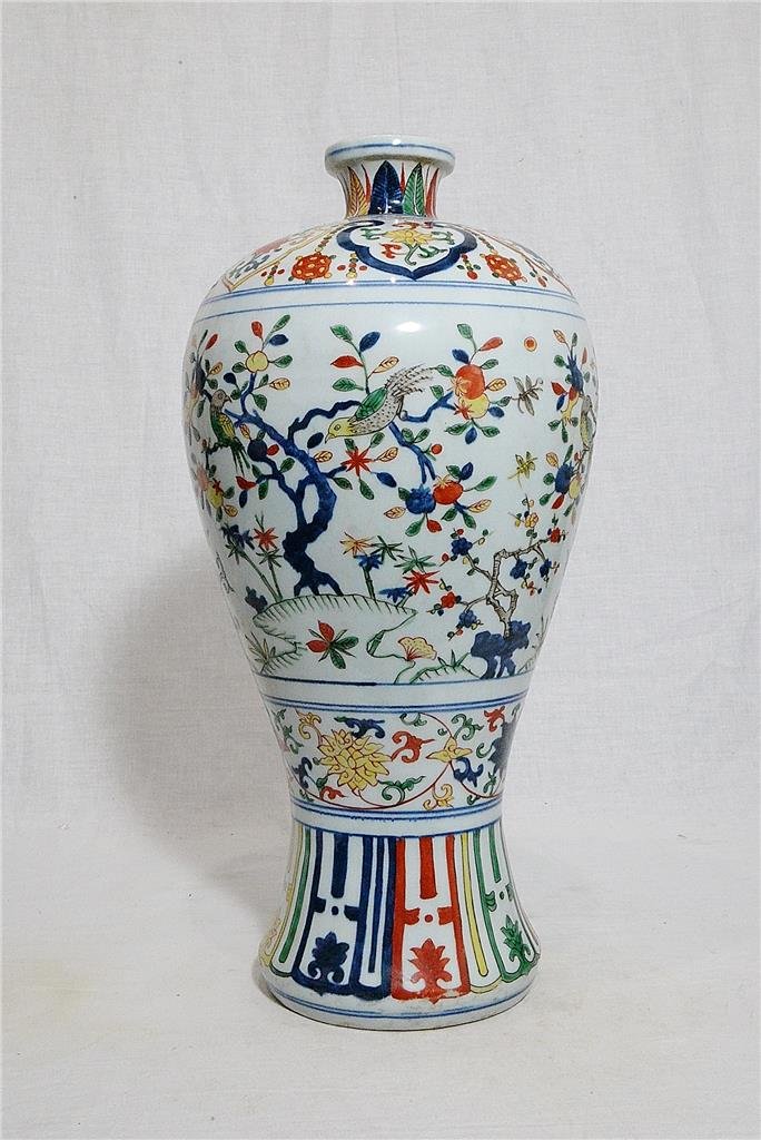 Chinese Dou-Cai Porcelain Mei-Ping With Mark: Chinese Dou-Cai porcelain Mei-Ping, decorated with birds and flowers. Good condition. 17" height.