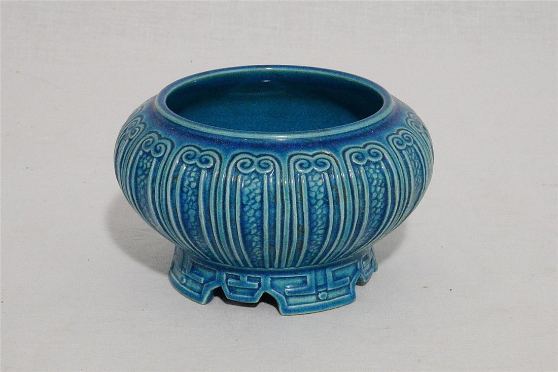 Chinese Blue Glaze Porcelain Incense Burner With: Chinese blue glaze porcelain incense burner. Four Chinese character mark on the base. Good condition. 4.75" wide x 2.75" height.