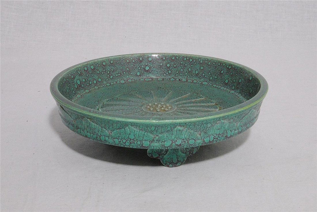 Chinese Lu-Jun Glaze Porcelain Plate With Mark: Chinese Lu-Jun glaze tripod porcelain plate , decorated with flower pattern. Six relief of Chinese character mark on the base. Good condition. 7.5" diam x 2.75" height.