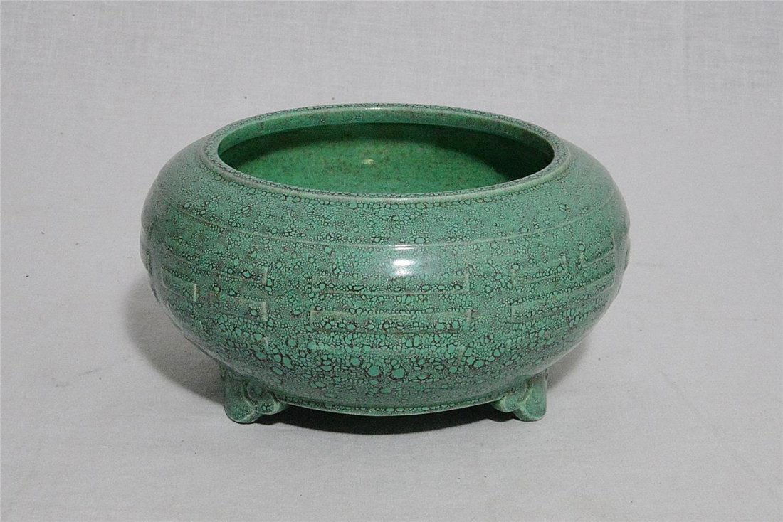 Chinese Lu-Jun Glaze Tripod Porcelain Incense Burner: Chinese Lu-Jun glaze tripod porcelain incense burner. Six relief of Chinese character mark on the base. Good condition. 6.25" wide x 3.5" height.